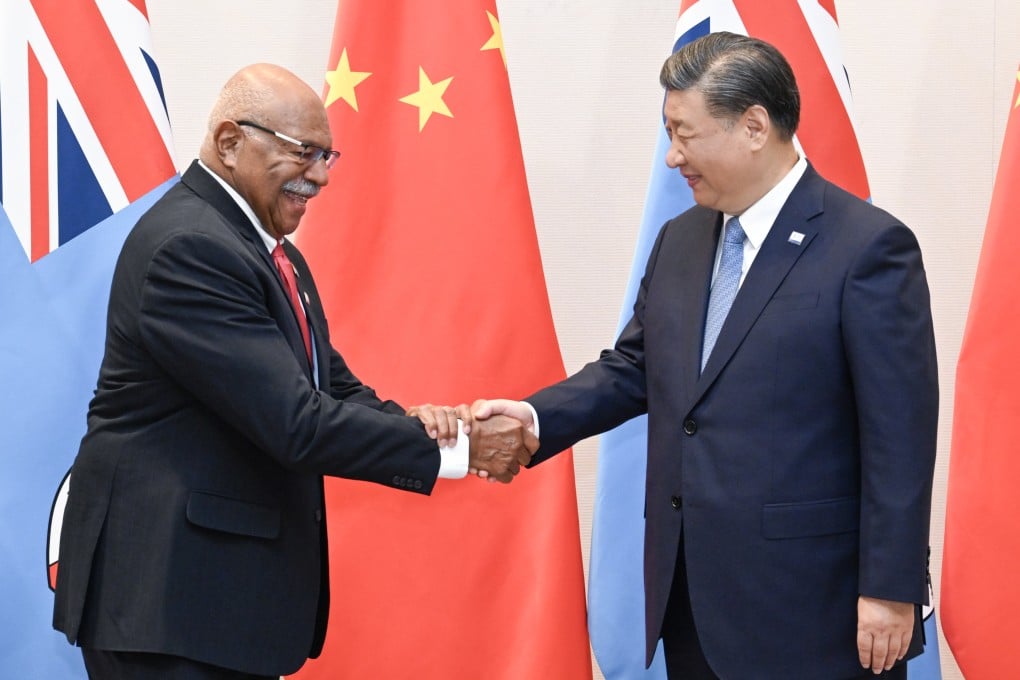 Fiji’s Prime Minister Sitiveni Rabuka shakes hands on Thursday last week with Chinese President Xi Jinping, on the sidelines of the Apec forum in San Francisco. Photo: Xihua