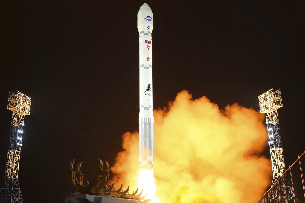 A photo provided by the North Korean government shows what it said was the launch of the Malligyong-1, a military spy satellite, into orbit late on Tuesday. Photo: Korean Central News Agency/Korea News Service via AP