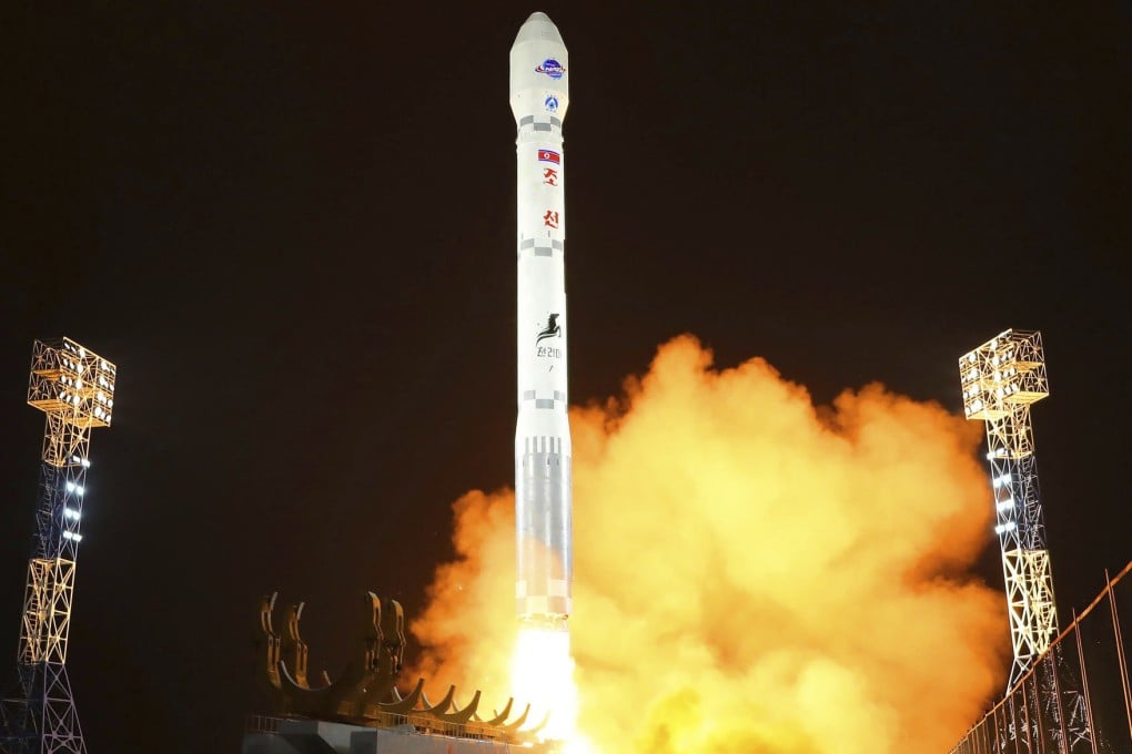A photo provided by the North Korean government shows what it said was the launch of the Malligyong-1, a military spy satellite, into orbit late on Tuesday. Photo: Korean Central News Agency/Korea News Service via AP
