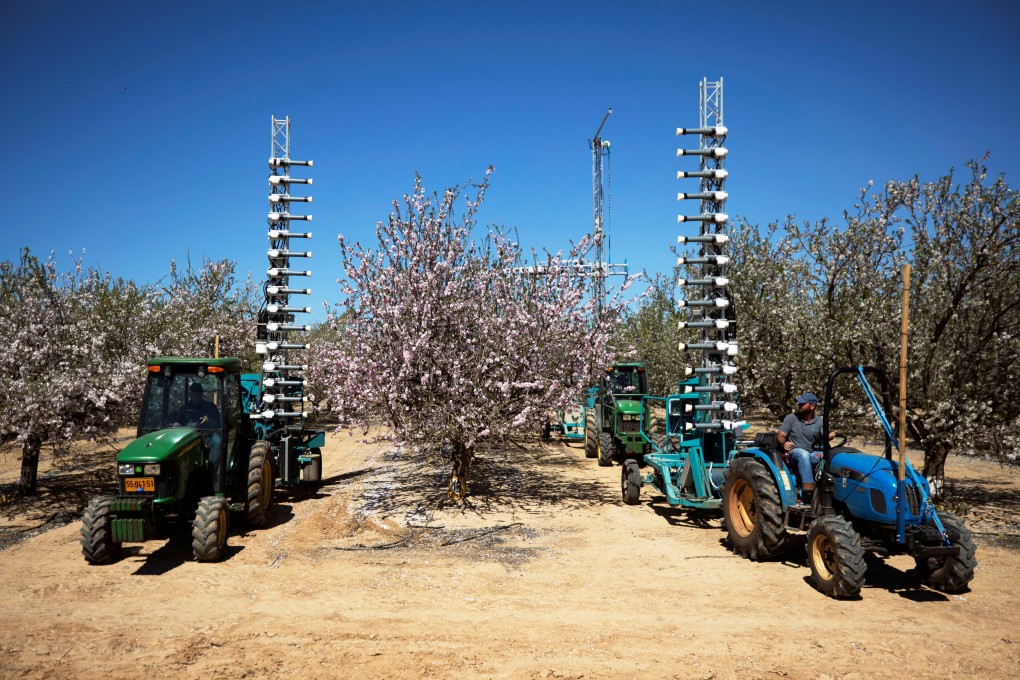 Tractors pull a mast equipped with small cannons that shoot pollen at almond trees, allowing them to fertilise without bees in an Almonds grove in Tel Arad, southern Israel. Most of Israel’s farms are in the centre and south of the country. Photo: Reuters
