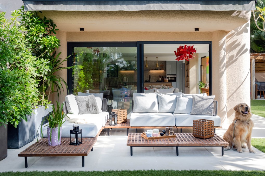 When work was thin during the pandemic, an interior designer tapped her employees to overhaul her family’s three-storey villa with garden in Sai Kung, Hong Kong. Above: a sofa set and coffee tables for outdoor lounging. Styling: Flavia Markovits. Photo: Eugene Chan