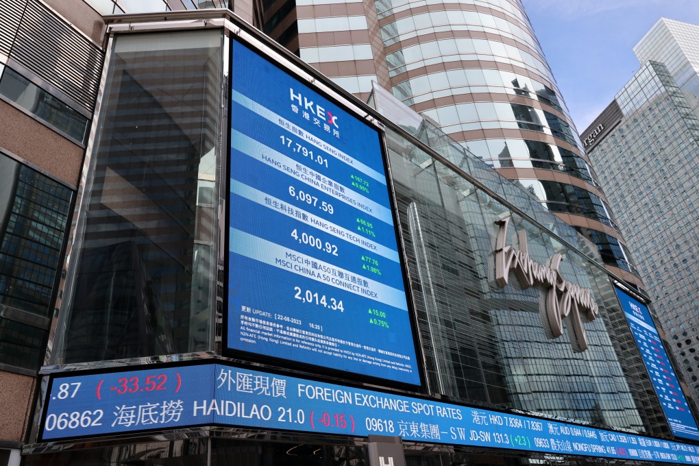 An electronic billboard displaying the Hang Seng Index and stocks outside the Exchange Square in Central on August 22, 2023. Photo: Yik Yeung-man