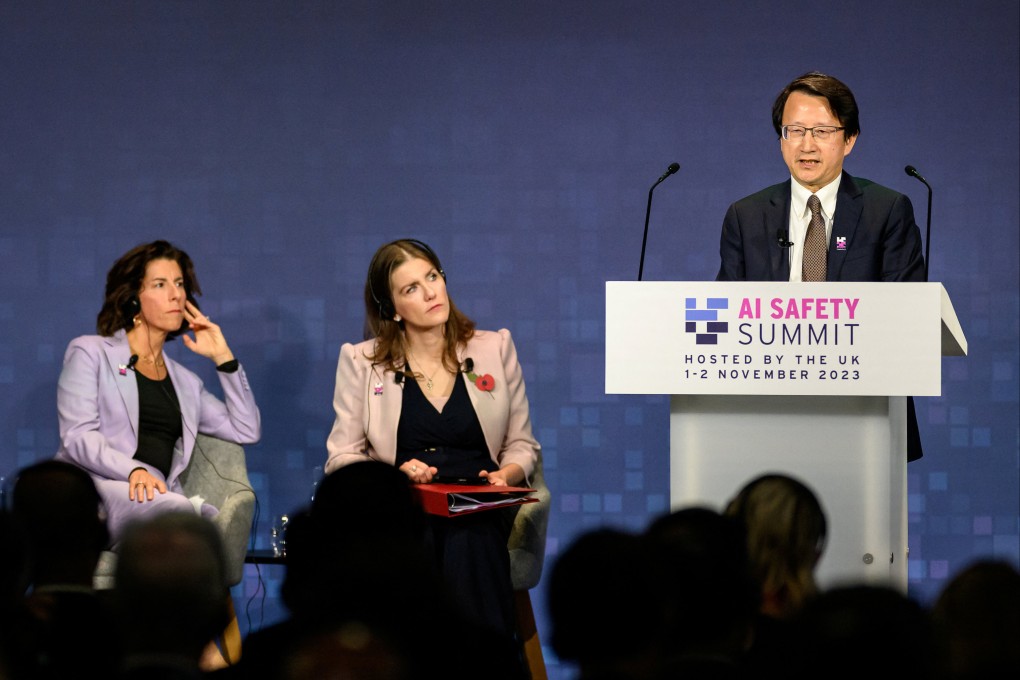 US Secretary of Commerce Gina Raimondo and British Secretary of State for Science, Innovation and Technology Michelle Donelan listen to China’s Vice-Minister of Science and Technology Wu Zhaohui speaking at the AI Safety Summit at Bletchley Park in Britain on November 1. Photo: Reuters