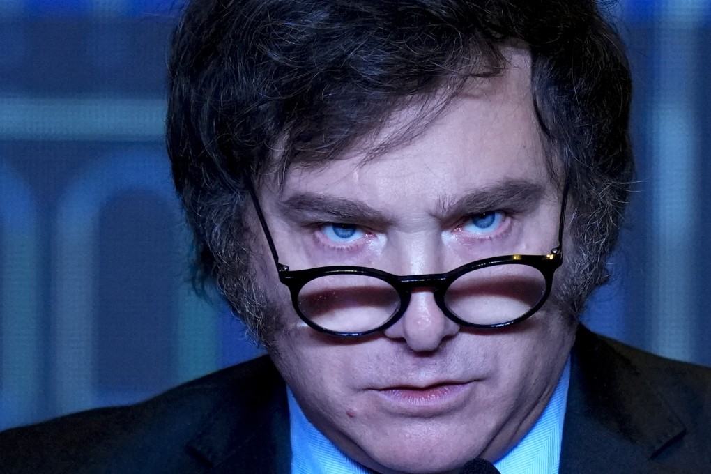 Javier Milei, Argentina’s president-elect, pauses while addressing supporters at his campaign headquarters in Buenos Aires on Sunday. Photo: AP