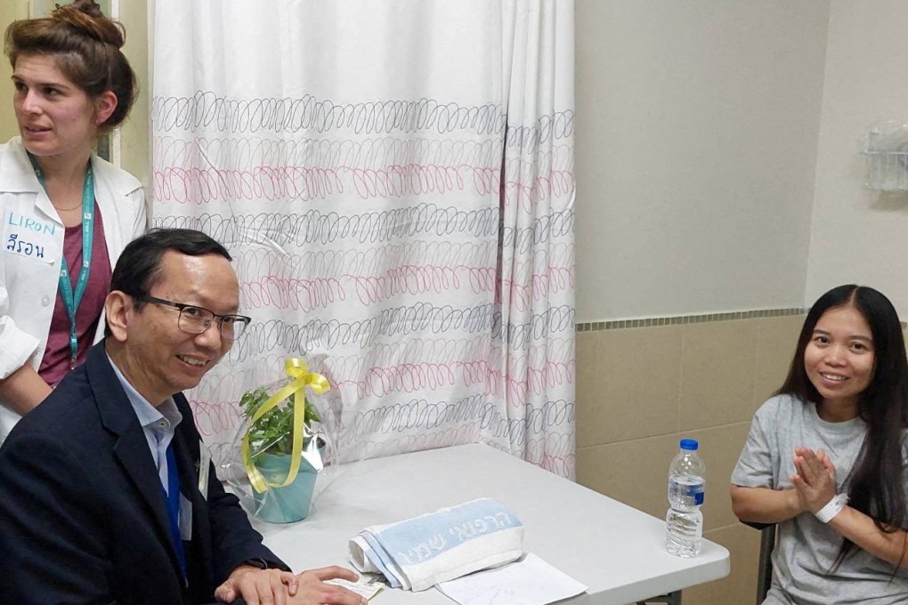 Natthawaree Mulkan, one of the Thai workers taken hostage by Hamas and later released, is seen after a medical checkup in Tel Aviv, Israel, in an image released on Saturday. Photo: Thai Ministry of Foreign Affairs via Reuters
