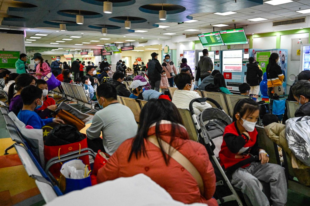 A packed outpatient area at a children’s hospital in Beijing, as paediatric wards across China grapple with the caseload. Photo: AFP