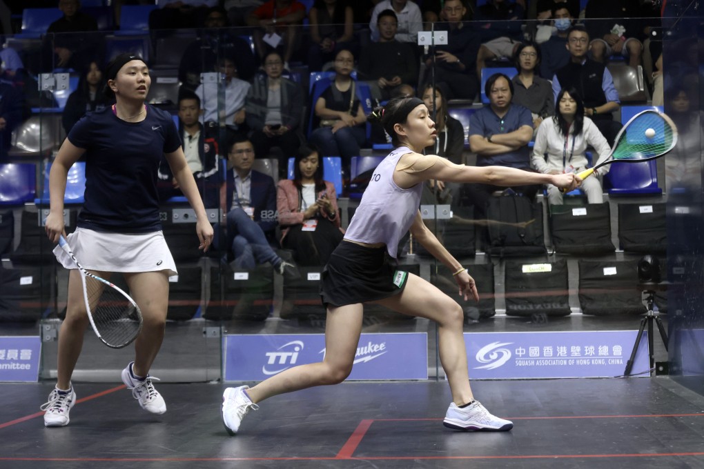 Tomato Ho (right) said she felt mentally at sea for her match against Simmi Chan at Hong Kong Squash Centre on Monday. Photo: Jonathan Wong