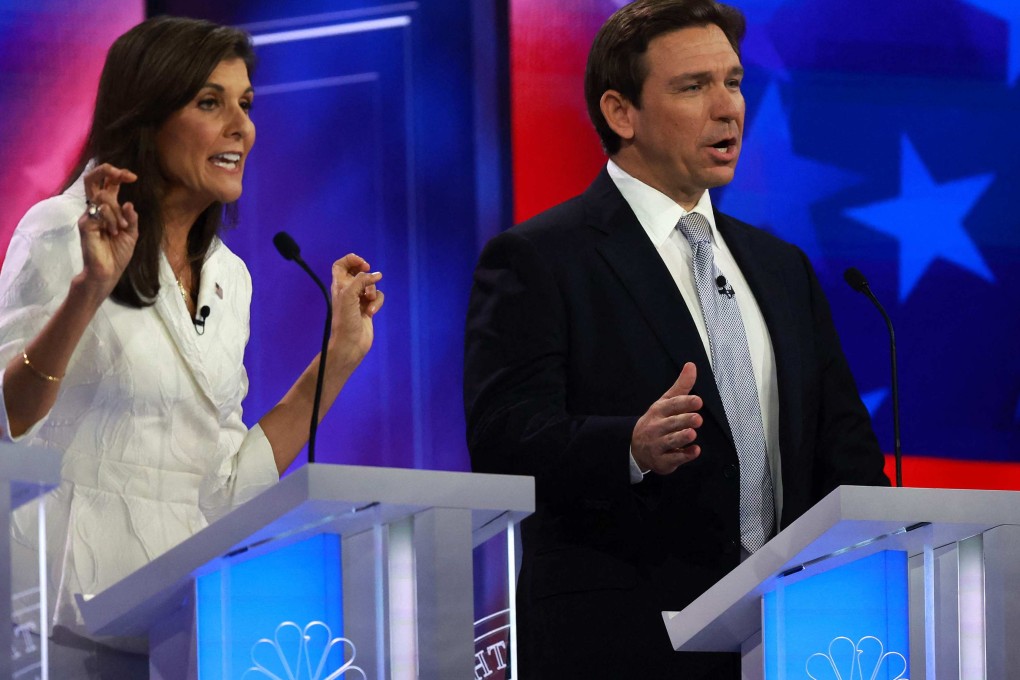 Former South Carolina governor Nikki Haley (left) and Florida Governor Ron DeSantis participate in a Republican presidential primary debate in Miami on November 8. DeSantis was long believed to be the top challenger to Donald Trump for the Republican nomination, but his campaign struggles have seen Haley, Chris Christie and others gain ground on him in primary polling. Photo: AFP