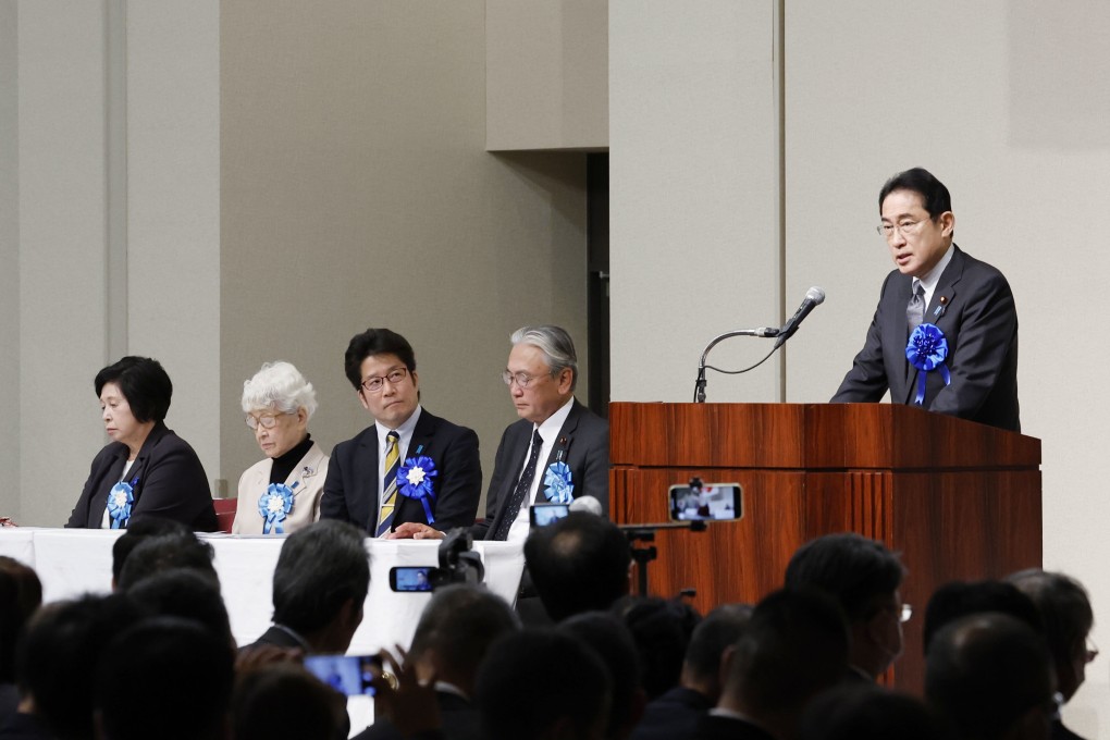 Japanese Prime Minister Fumio Kishida speaks during a rally staged by the relatives of Japanese nationals abducted by North Korea in the 1970s and 1980s and their supporters in Tokyo, calling for the Japanese nationals to be brought home. Photo: Kyodo