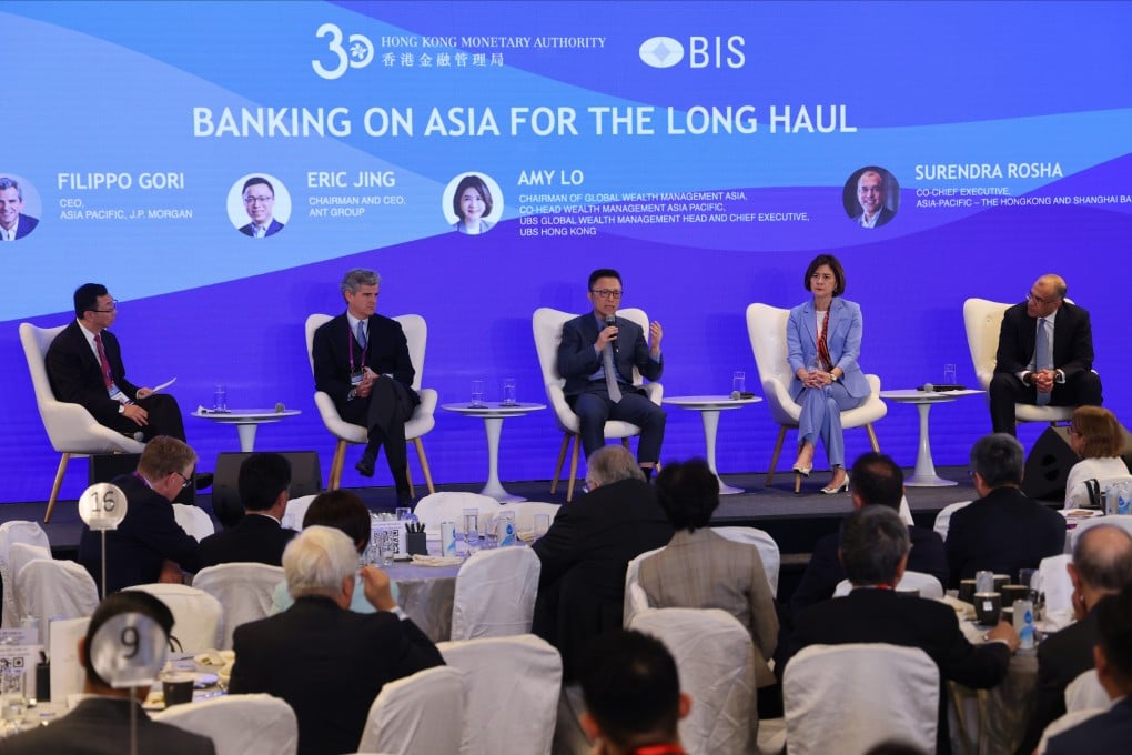 From left, Zhang Tao, chief representative for Asia and the Pacific at BIS; Filippo Gori, Asia-Pacific CEO at JPMorgan; Eric Jing, chairman and CEO of Ant Group; UBS’s Amy Lo; and Surendra Rosha, Co-CEO of Asia-Pacific at HSBC, at the HKMA-BIS High-Level Conference in Hong Kong on Tuesday. Photo: Dickson Lee