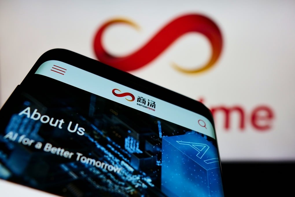 Mobile phone with the SenseTime website on the screen in front of the company’s logo. Photo: Shutterstock Images