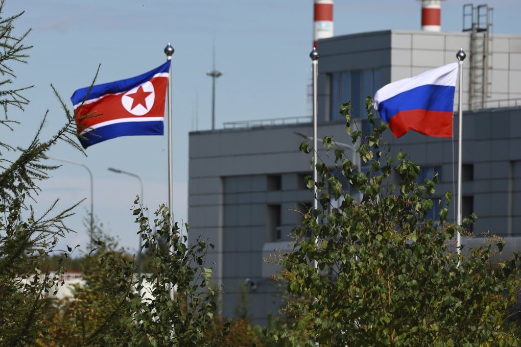 North Korean and Russian flags are seen at Russia’s Vostochny cosmodrome in September, amid Kim Jong-un’s meeting there with Vladimir Putin. Photo: Sputnik, Kremlin Pool Photo via AP