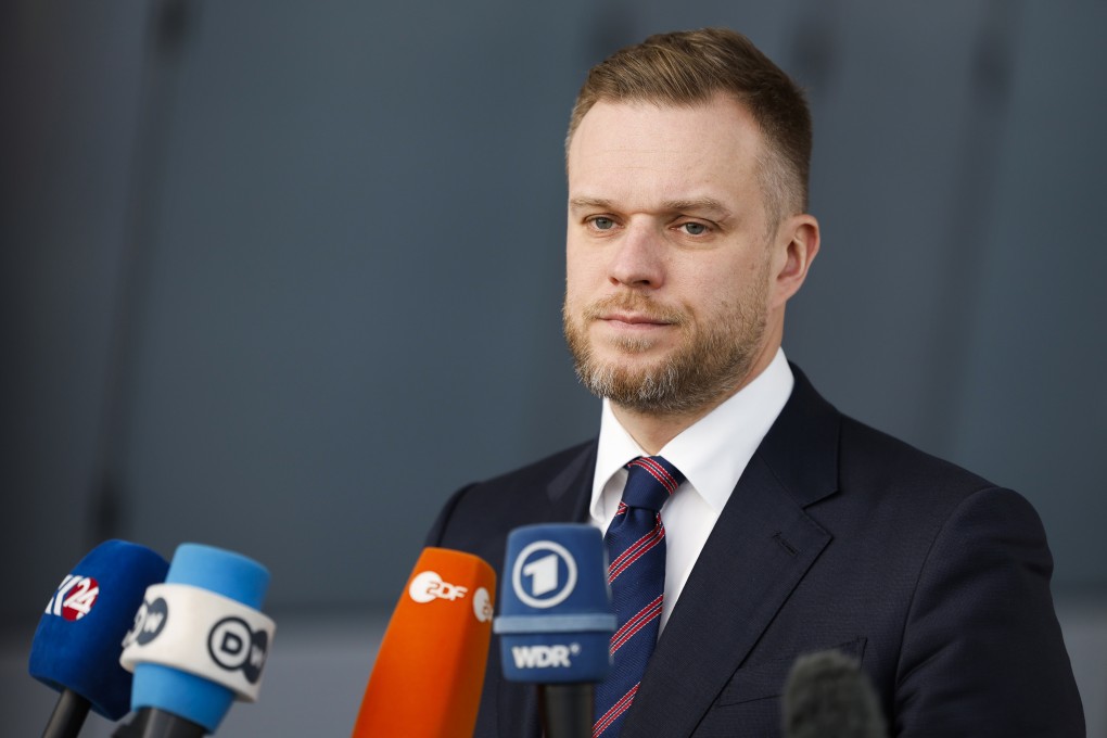 Lithuanian Foreign Minister Gabrielius Landsbergis talks to journalists as he arrives at a meeting of Nato foreign ministers in Brussels on Tuesday. Photo: AP