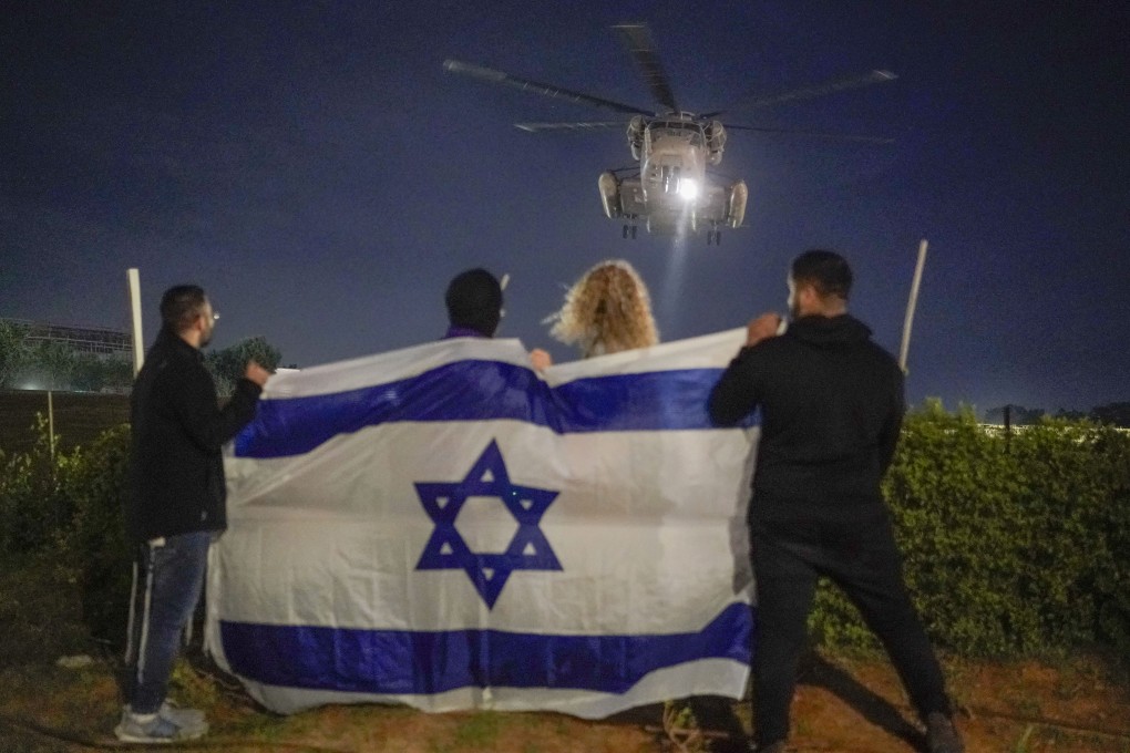 A helicopter transporting Israeli hostages arriving at the Sheba Medical Centre in Ramat Gan, Israel, on Tuesday. Photo: AP