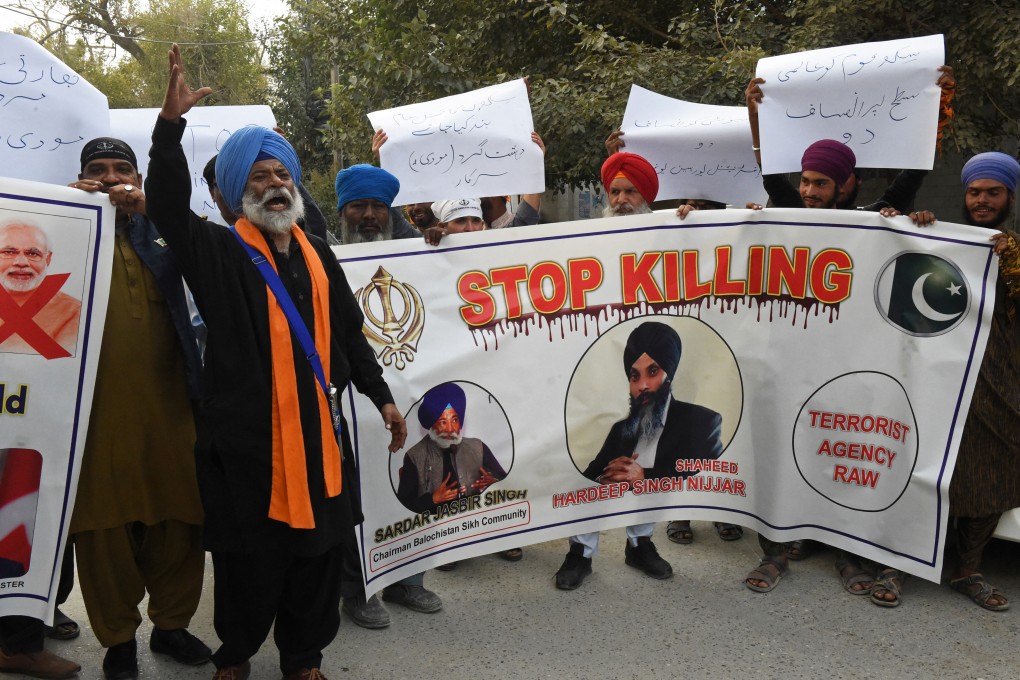 Members of Pakistan’s Sikh community shout slogans as they hold banners during a protest to condemn the killing of a Sikh separatist, Hardeep Singh Nijjar, in Canada. Ottawa concluded that Indian agents played a role in the June killing near Vancouver of a Sikh separatist, Hardeep Singh Nijjar. Photo: AFP