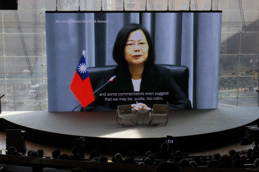 A record interview with Taiwan’s President Tsai Ing-wen is displayed on a screen during the New York Times DealBook summit on Wednesday. Photo: AFP