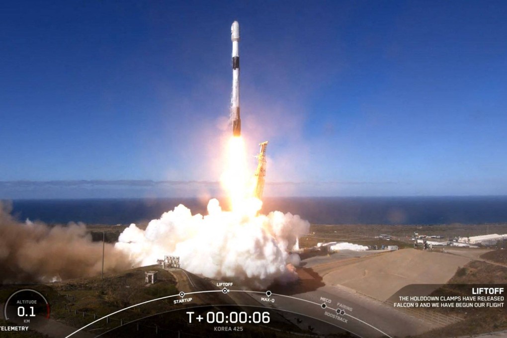 A SpaceX rocket carrying a South Korean military spy satellite launches from Vandenberg Air Force Base in California on Friday. Photo: SpaceX via AFP