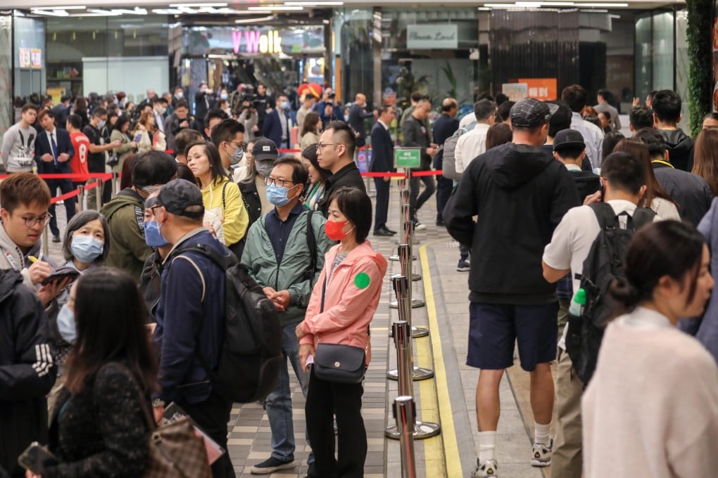 Homebuyers line up outside the sales office for Sun Hung Kai Properties’ Yoho West project at the V Walk shopping centre in Sham Shui Po on December 2, 2023. Photo: Xiaomei Chen