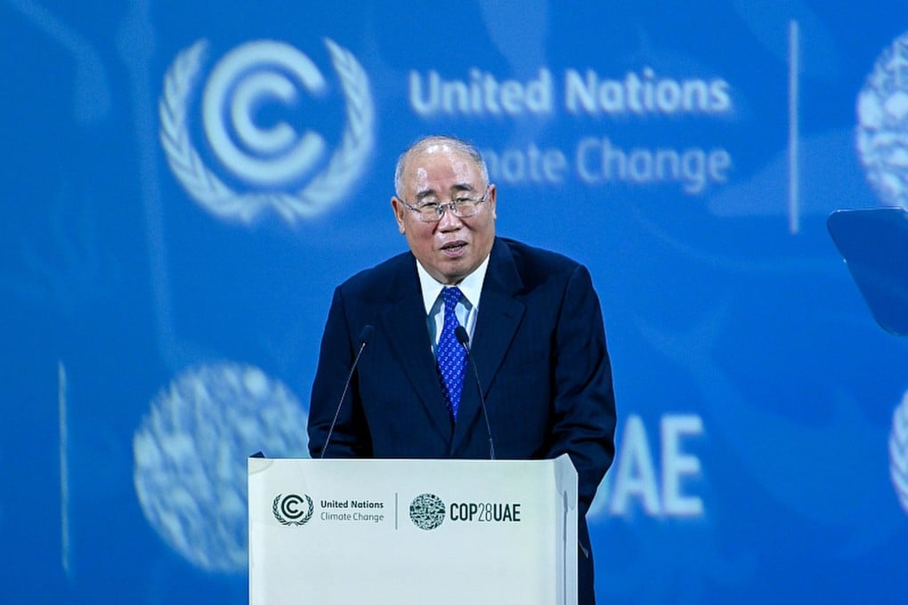 China’s special climate envoy addresses the Cop28 UN climate conference in Dubai, UAE. Photo: Weibo/CGTN记者团