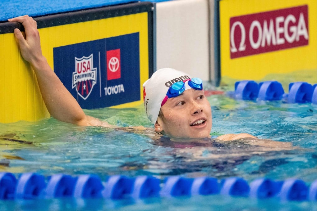 Siobhan Haughey checks her time after winning the 100m freestyle on day four of the US Open in Greensboro, North Carolina. Photo: Getty Images via AFP