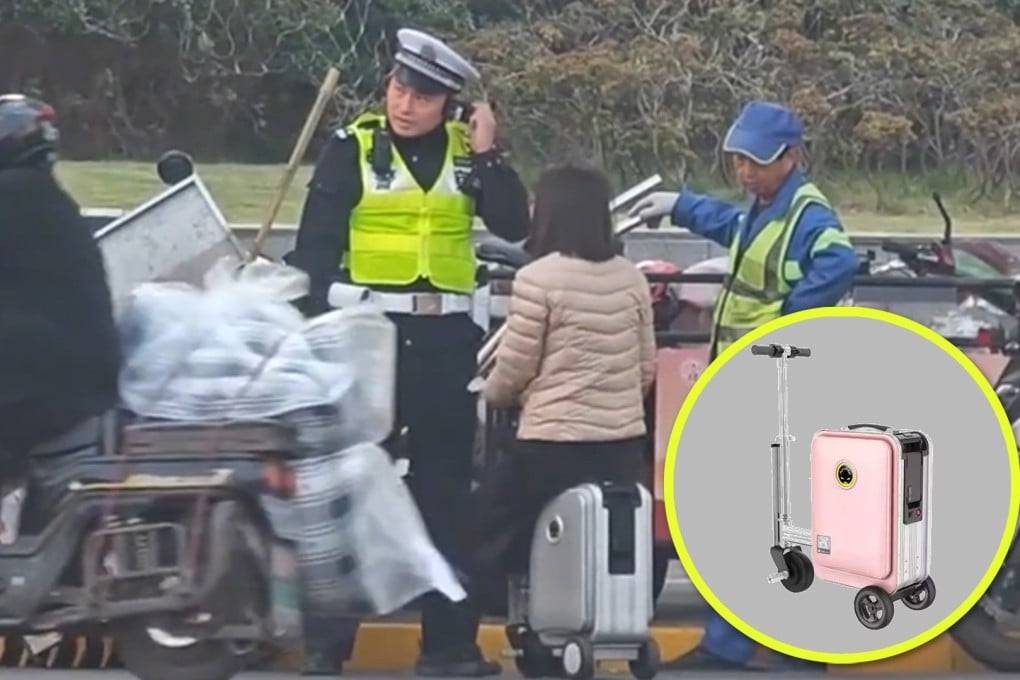 A woman in China has been slapped with a fine and reprimanded by the police after she was stopped riding an electric suitcase across a busy road intersection in Shanghai. Photo: SCMP composite/The Paper/Taobao