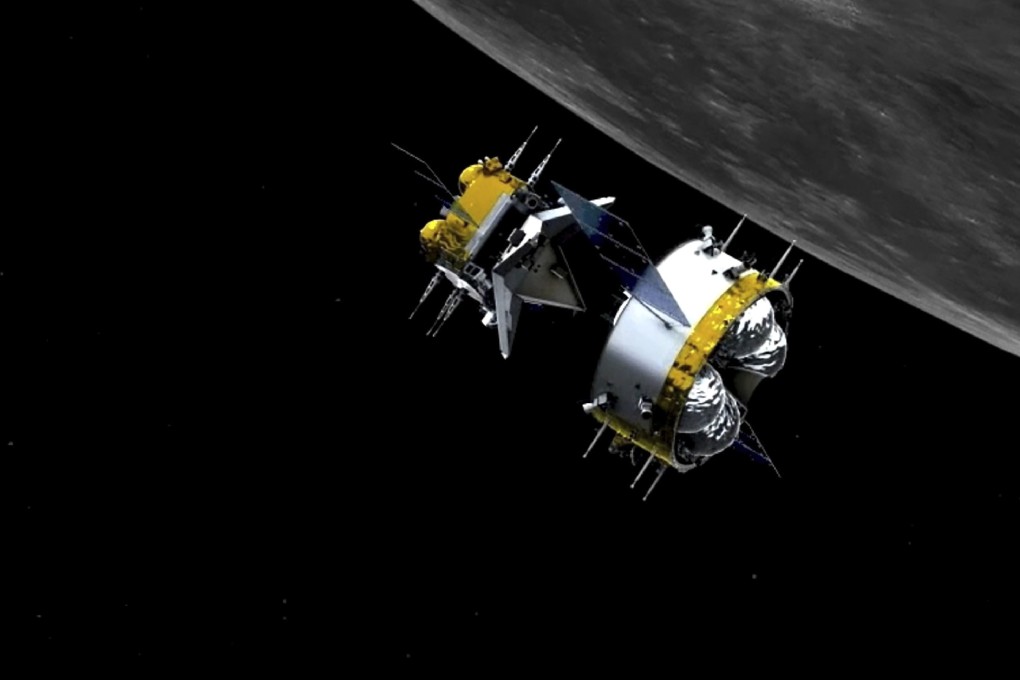 A graphic simulation image showing the orbiter and returner combination of China’s Chang’e-5 probe. Photo: Xinhua via AP