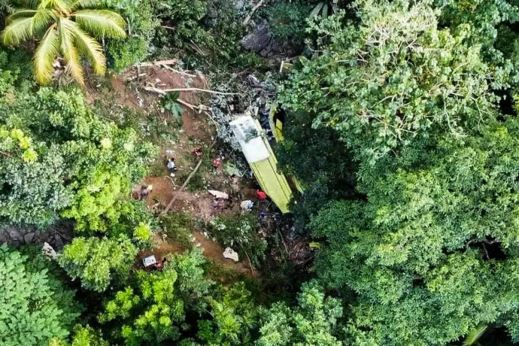 A damaged bus is seen at the site of an accident in Antique province in the Philippines on Tuesday. Photo: Xinhua