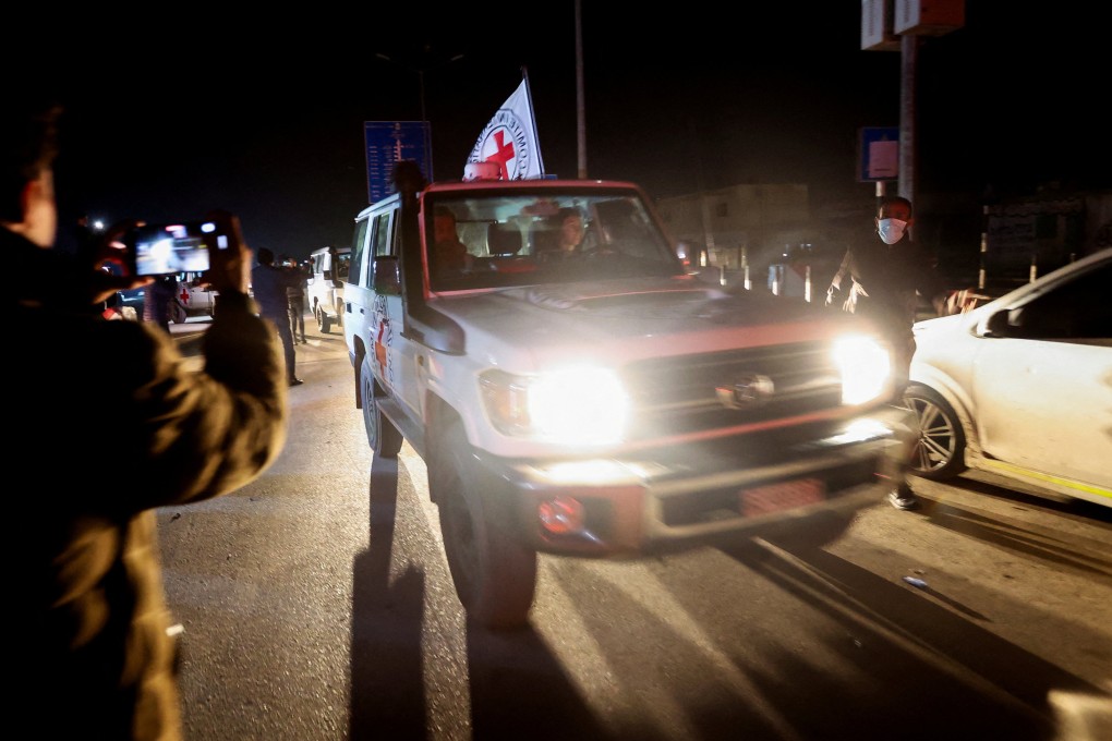 A Red Cross vehicle, part of a convoy carrying hostages abducted by Hamas militants during the October 7 attack on Israel, arrives at the Rafah border on Thursday. Photo: Reuters