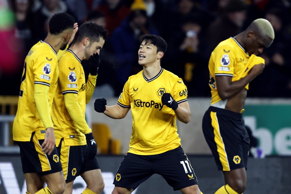 Hwang Hee-Chan celebrates scoring for Wolves at home to Burnley. Photo: dpa