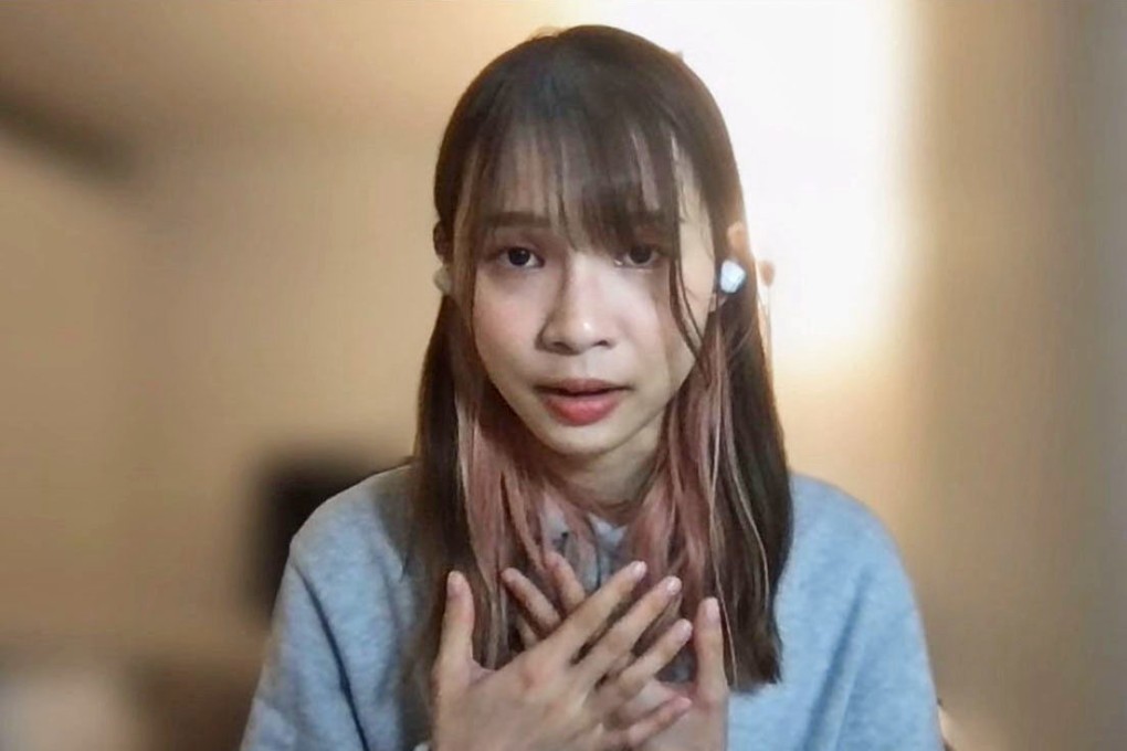 Pro-democracy activist Agnes Chow, shown being interviewed online by Kyodo News, has revealed that she left Hong Kong to study in Canada and does not plan to return. Photo: Kyodo