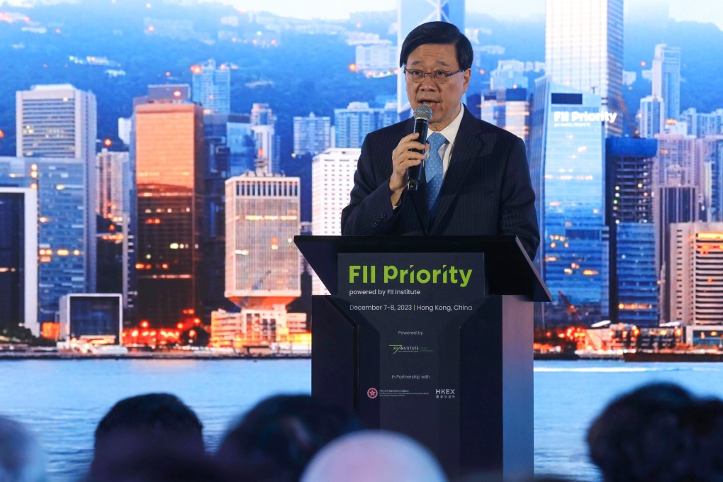 Chief Executive John Lee delivers a keynote address on the first day of the FII Priority Hong Kong conference. Photo: Jonathan Wong