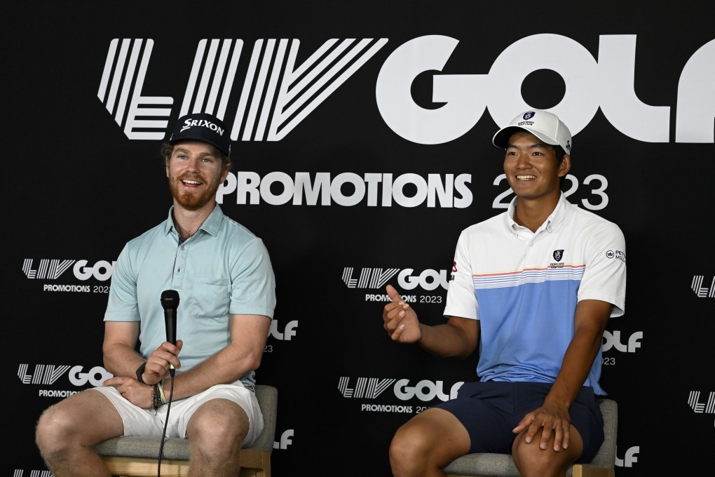 Kieran Vincent of Zimbabwe and Hong Kong’s Taichi Kho answer questions at a press conference ahead of the LIV Golf Promotions event at the Abu Dhabi Golf Club. Photo: Asian Tour.