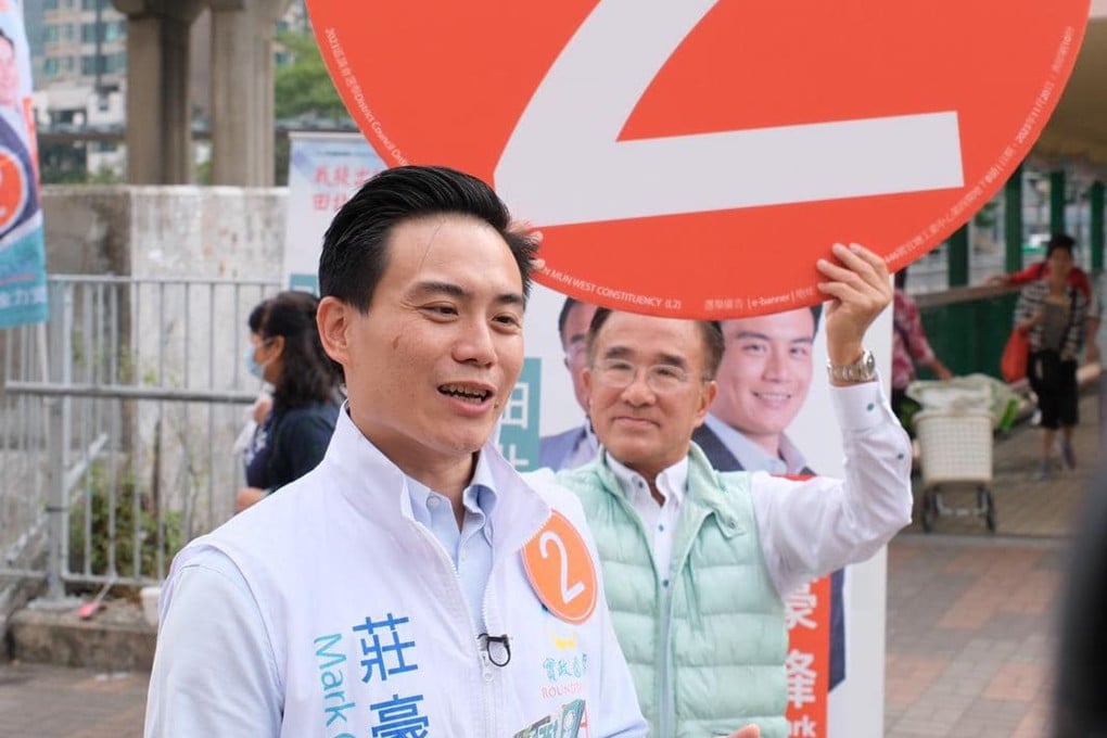 Roundtable candidate Mark Chong (left), pictured with lawmaker Michael Tien, believes he has only a slim chance of winning in the Tuen Mun West constituency. Photo: Facebook / Mark Chong