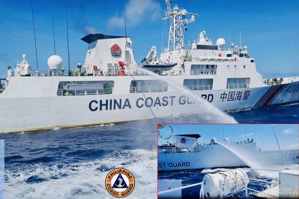 A composite image released by the Philippine Coast Guard shows a Chinese coastguard ship using water cannon on a Philippine vessel near Second Thomas Shoal during a re-supply mission in August. Photo: Philippine Coast Guard / Handout via AFP