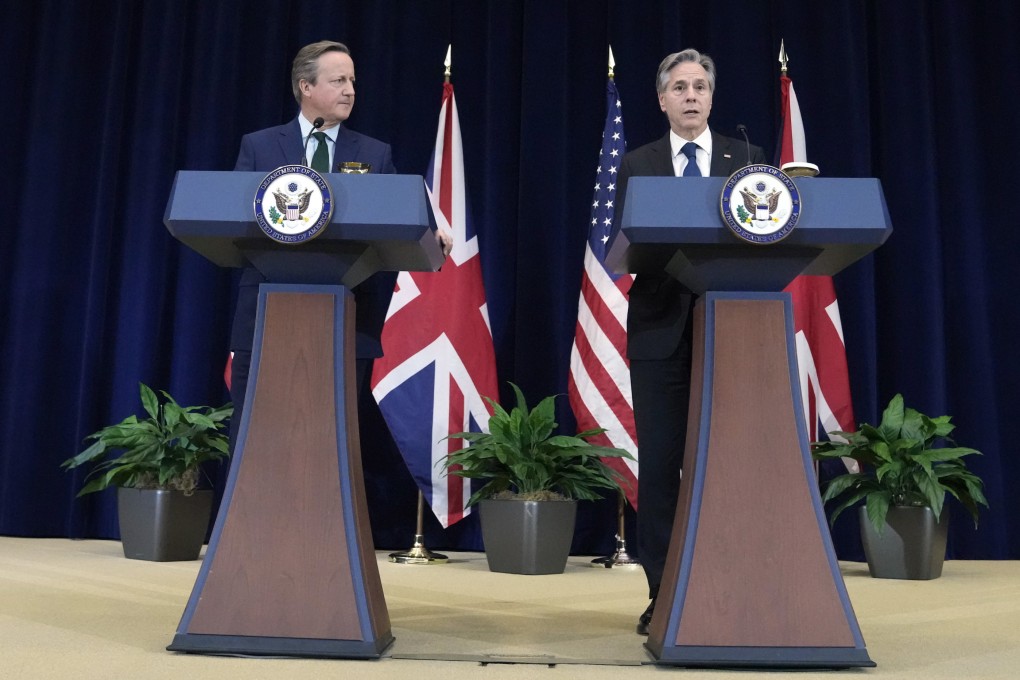 US Secretary of State Antony Blinken, right, and British Foreign Secretary David Cameron at the State Department in Washington on Thursday. Photo: AP