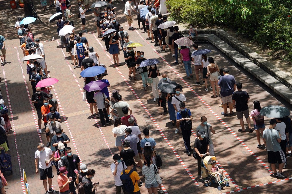 Residents line up to vote in the primary election in Tai Po in July 2020. Prosecutors have argued the defendants conspired to win control of Legco and paralyse the government. Photo: Felix Wong