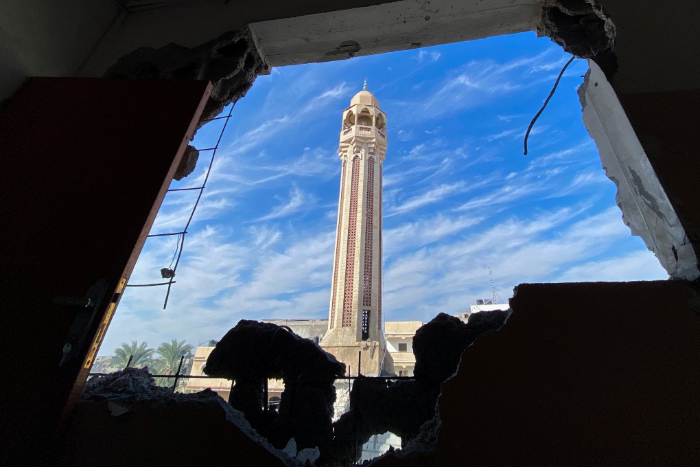 The remains of a mosque destroyed by Israeli strikes are seen in the central Gaza Strip on Friday. Photo: Reuters