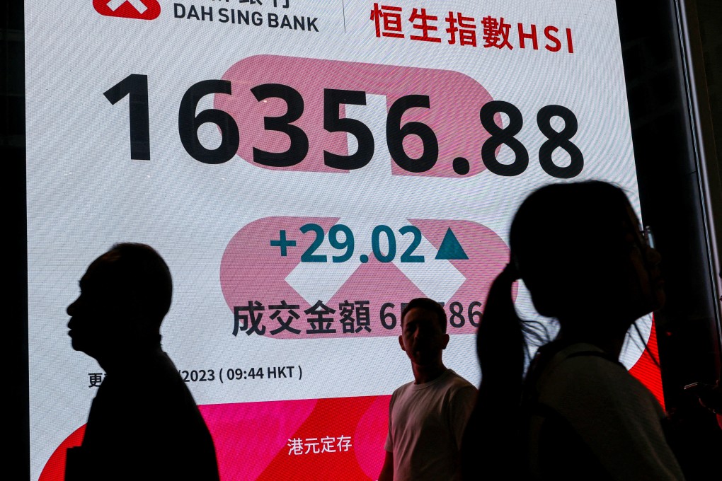 People walk past a screen displaying the Hang Seng index at Central district, in Hong Kong, China December 6, 2023. Photo: Tyrone Siu