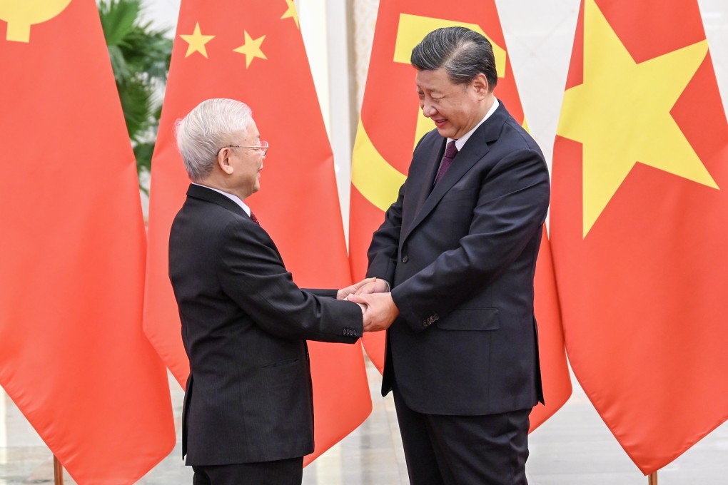 Chinese President Xi Jinping shakes hands with Vietnam’s Communist Party chief Nguyen Phu Trong (left) in Beijing. File photo: Xinhua