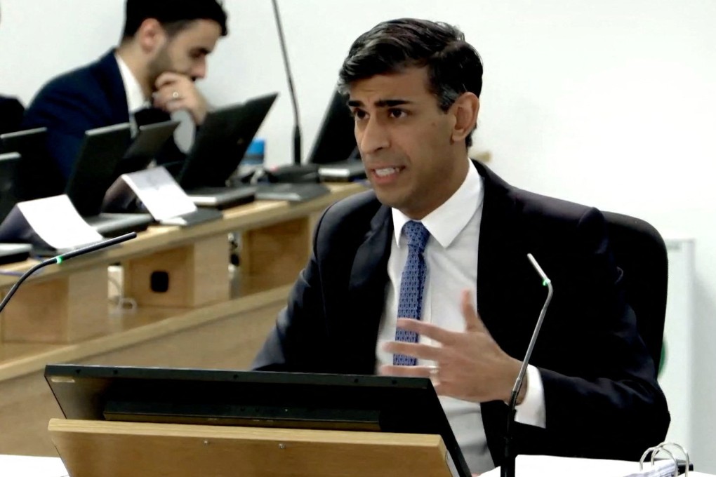 British Prime Minister Rishi Sunak gives evidence at the COVID-19 Inquiry, in London on Monday. Photo: UK Covid-19 Inquiry/Handout via Reuters