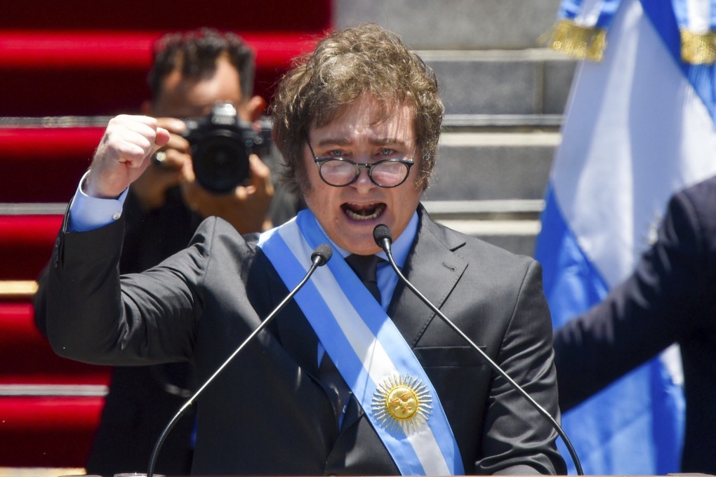 Argentina’s newly sworn-in President Javier Milei speaks outside the Congress in Buenos Aires, Argentina. Photo: AP