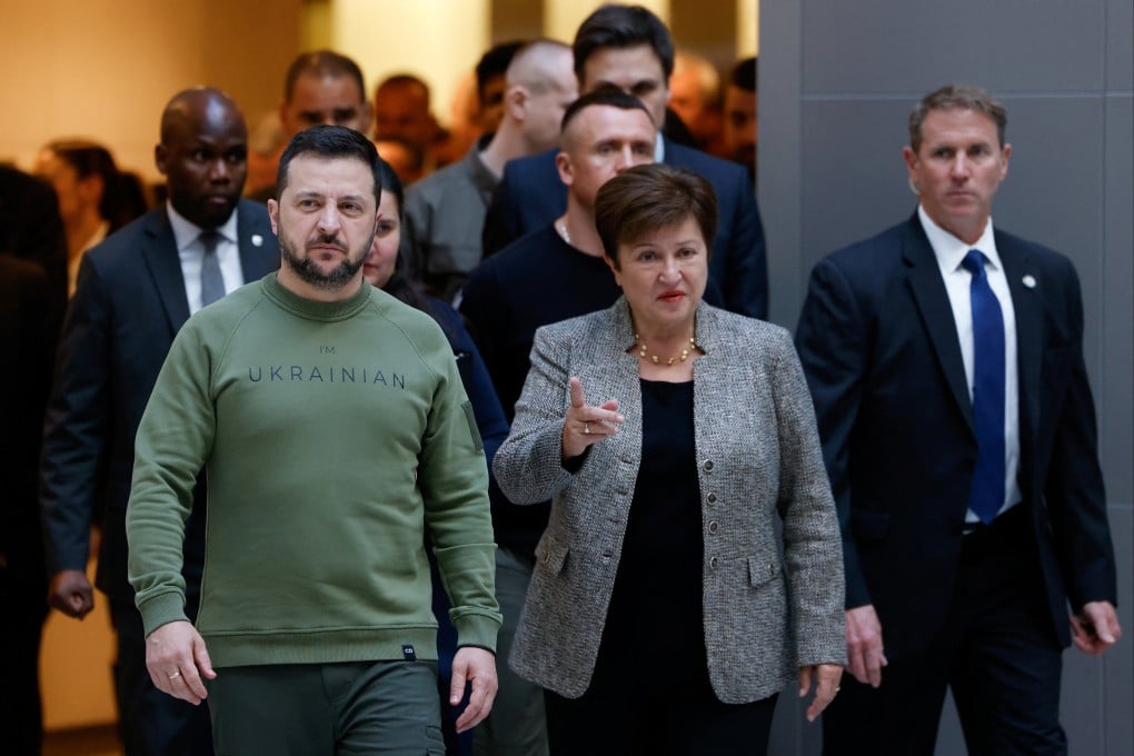 Ukraine’s President Volodymyr Zelensky meets with International Monetary Fund Managing Director Kristalina Georgieva at the IMF in Washington. Photo: Reuters