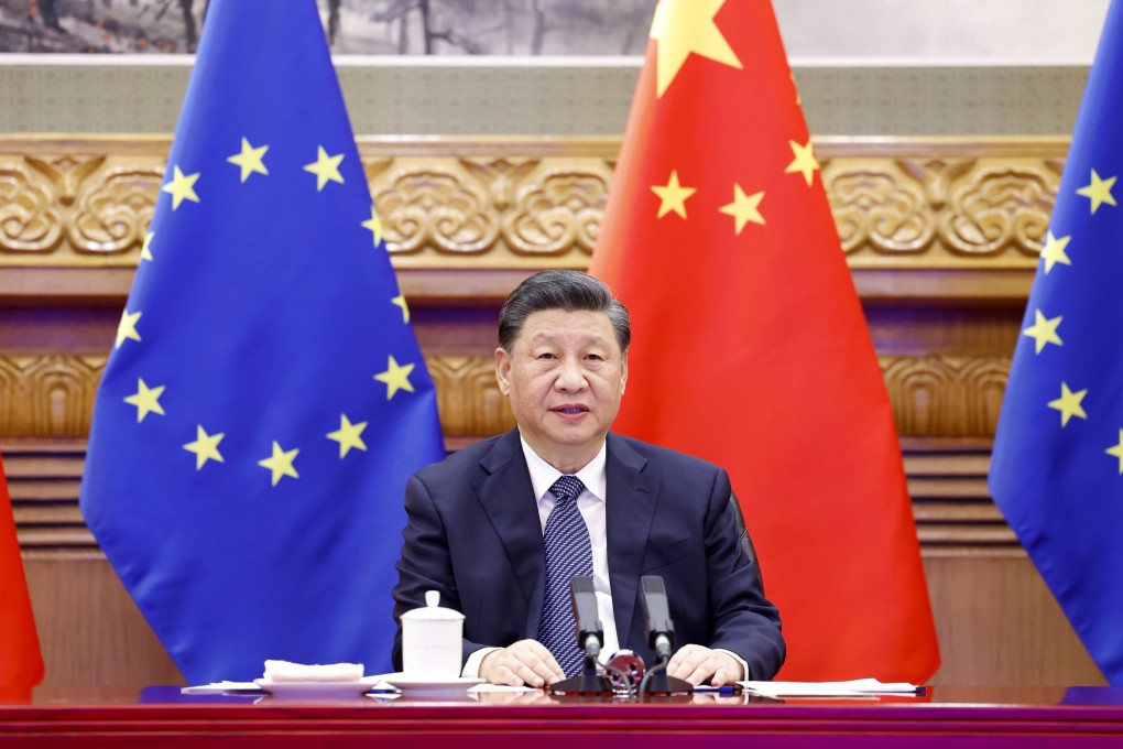 Chinese President Xi Jinping speaks during a video meeting with European Council President Charles Michel and European Commission President Ursula von der Leyen in 2022. Photo: AP