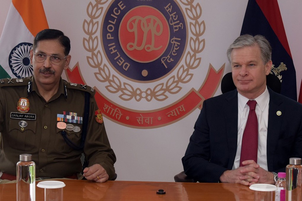 Delhi Police commissioner Sanjay Arora (left) meets US FBI director Christopher Wray. Photo: EPA-EFE/Delhi Police handout