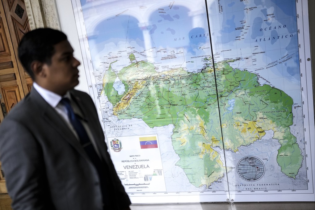 Venezuela’s new map that includes the Essequibo territory as its own is displayed at the Foreign Ministry in Caracas, Venezuela. Photo: AP