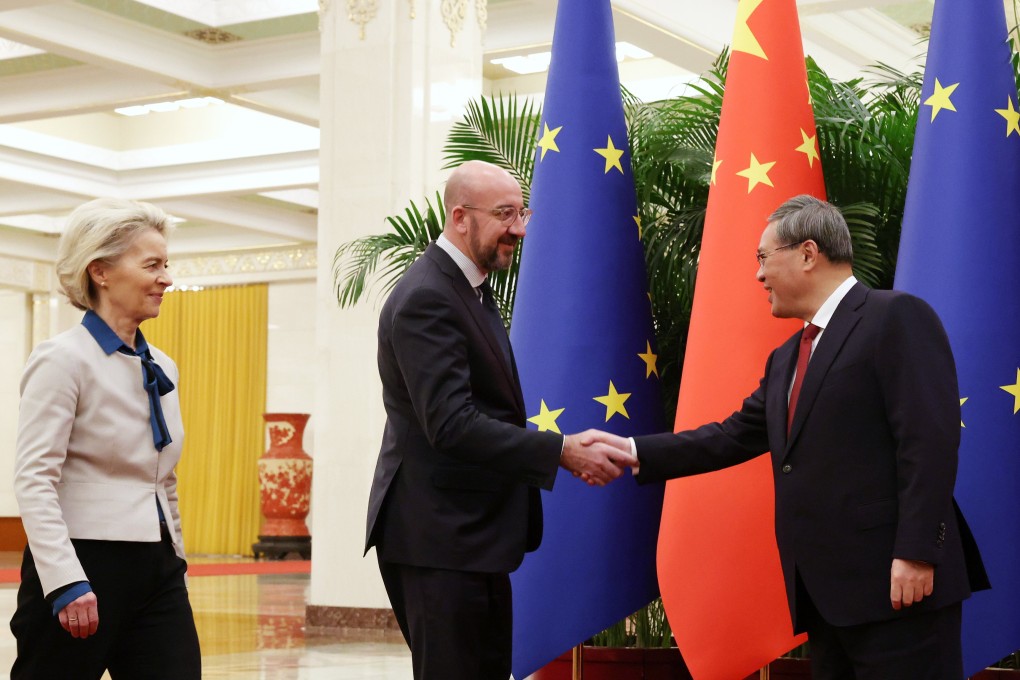 European Commission president Ursula von der Leyen (left) and European Council president Charles Michel (centre) greet Premier Li Qiang before their meeting in Beijing on December 7. Photo: EPA-EFE