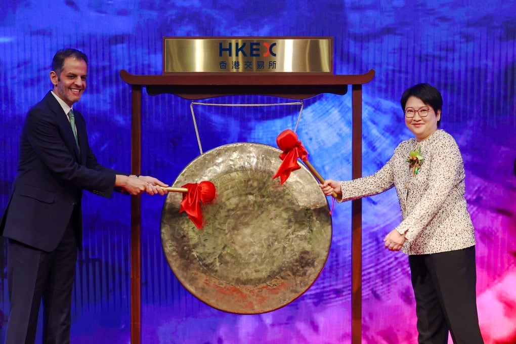 Yazeed Al-Humied, deputy governor of Saudi Arabia’s Public Investment Fund and Ding Chen, CEO of CSOP Asset Management, at the listing ceremony of the CSOP Saudi Arabia ETF at the Hong Kong exchange in Central on November 29. Photo: Edmond So