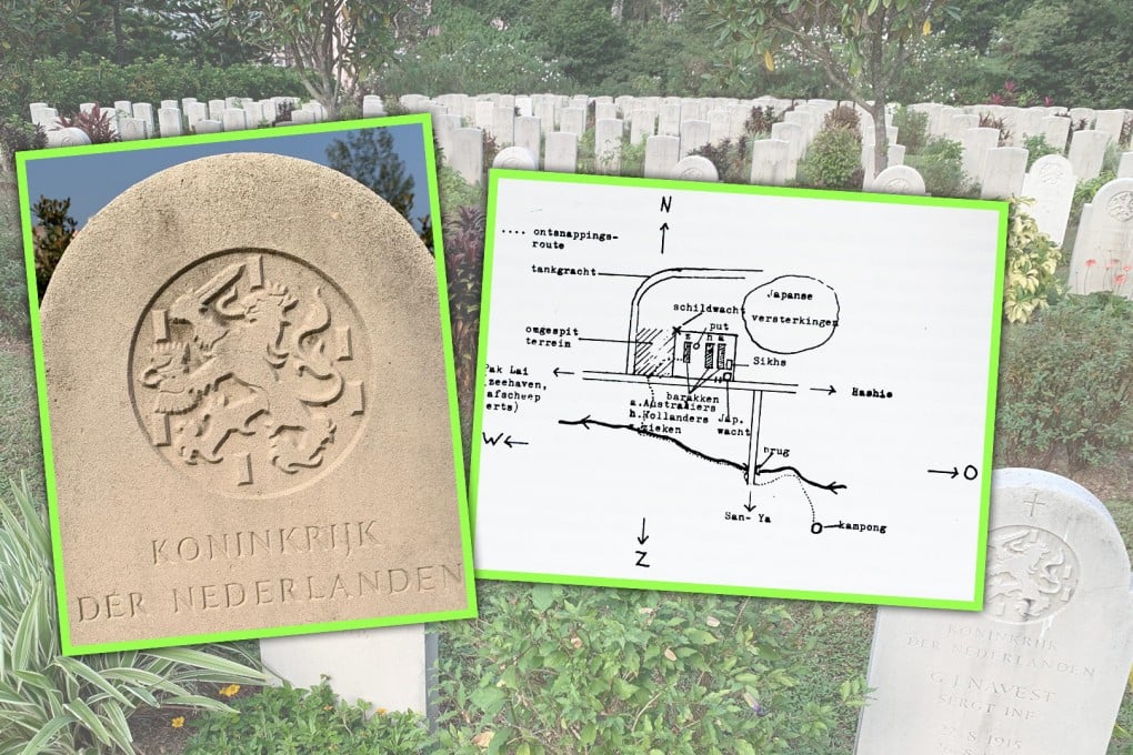 The tombstone belongs to Job van Belzen who survived a Tokyo POW camp but died in a plane crash during his repatriation. The sketch shows a POW camp. Photo: SCMP composite/Justin Ho/AJ von Metzsch, Bericht uit Hainan (1994)