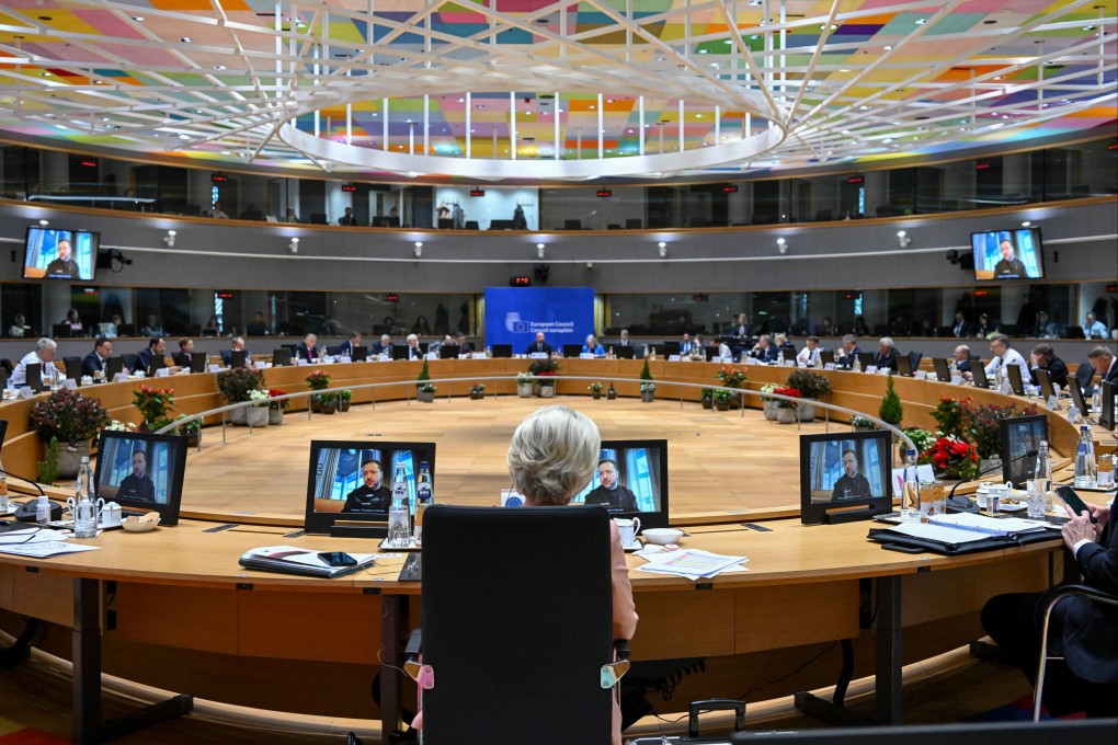 Ukrainian President Volodymyr Zelensky speaks via  videolink at the EU Summit in Brussels on Thursday. Photo: EU Council via dpa