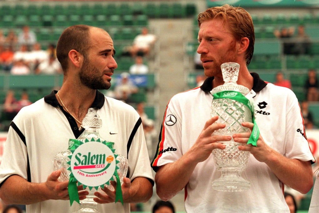 Andre Agassi (left) and Boris Becker after the former won the final of the 1999 Hong Kong Open. Photo: AP